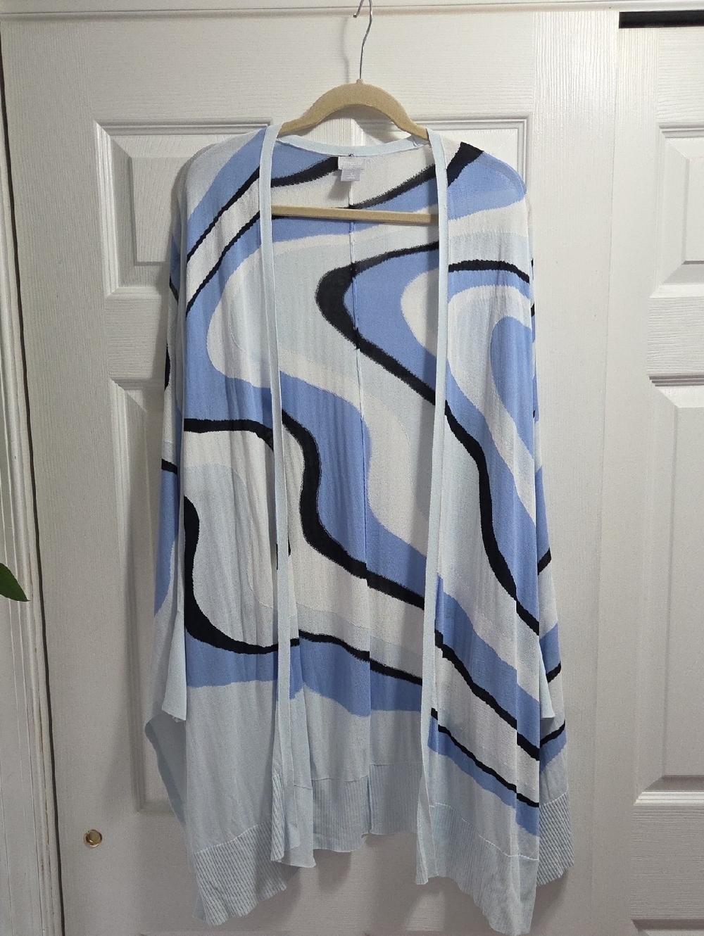 Chico's Powder Blue and Black Abstract Knit Open Cardigan
